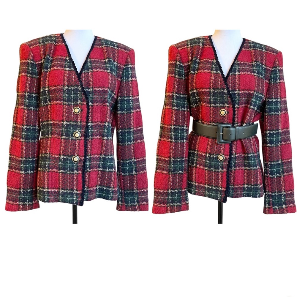 Vintage Red Green Tartan Plaid Wool Blend Blazer Christmas Holiday Jacket 14